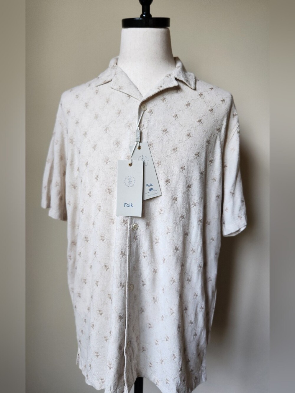 Linen Embroidered Blend Camp Collar Short Sleeve Shirt Beige Folk NWT